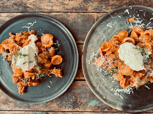 creamy spicy sausage, spinach & orecchiette with ricotta recipe with the Sunday Sauce company original 76 sauce