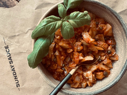 sweet & tangy artichoke caponata with the Sunday Sauce company original 76 sauce