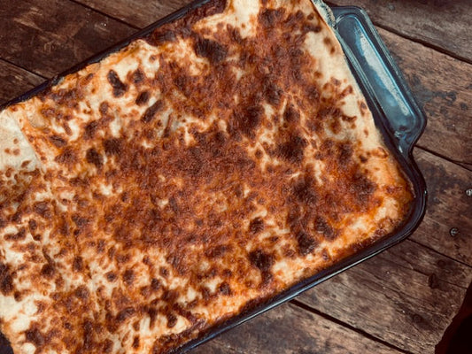 classic lasagna with bechamel & bolognese recipe made with the Sunday Sauce company original 76 or spicy 89 sauce